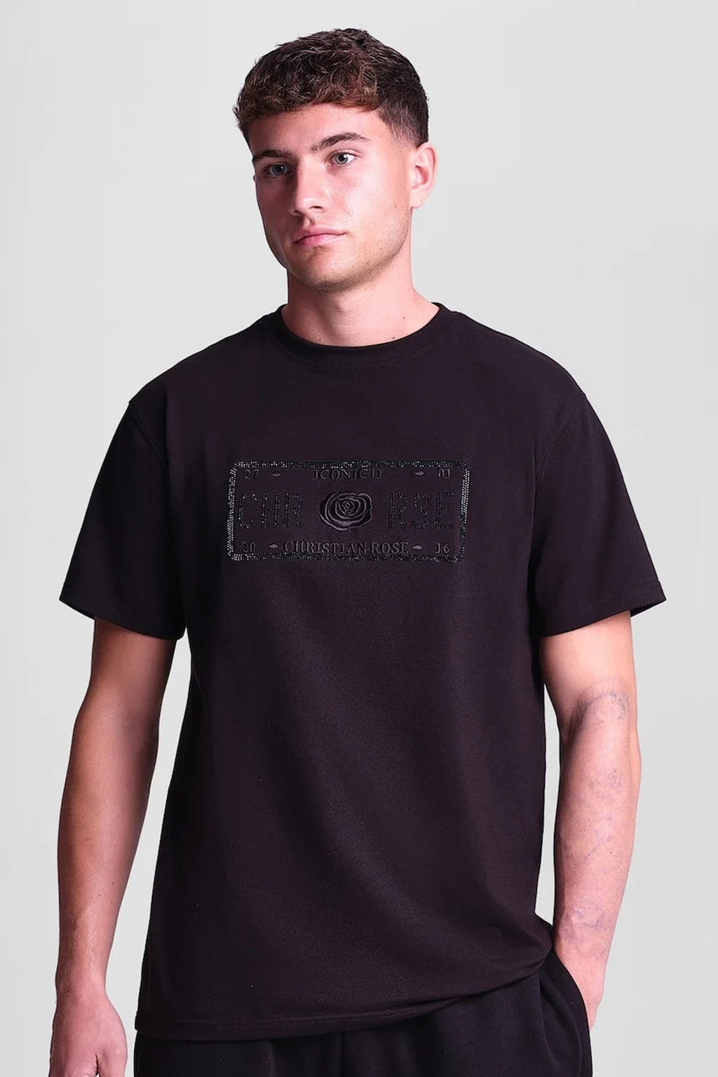 Christian Rose | 006-BL Enlarge Iconic II Crystal Rhinestone Design Logo Half Sleeve T-Shirt