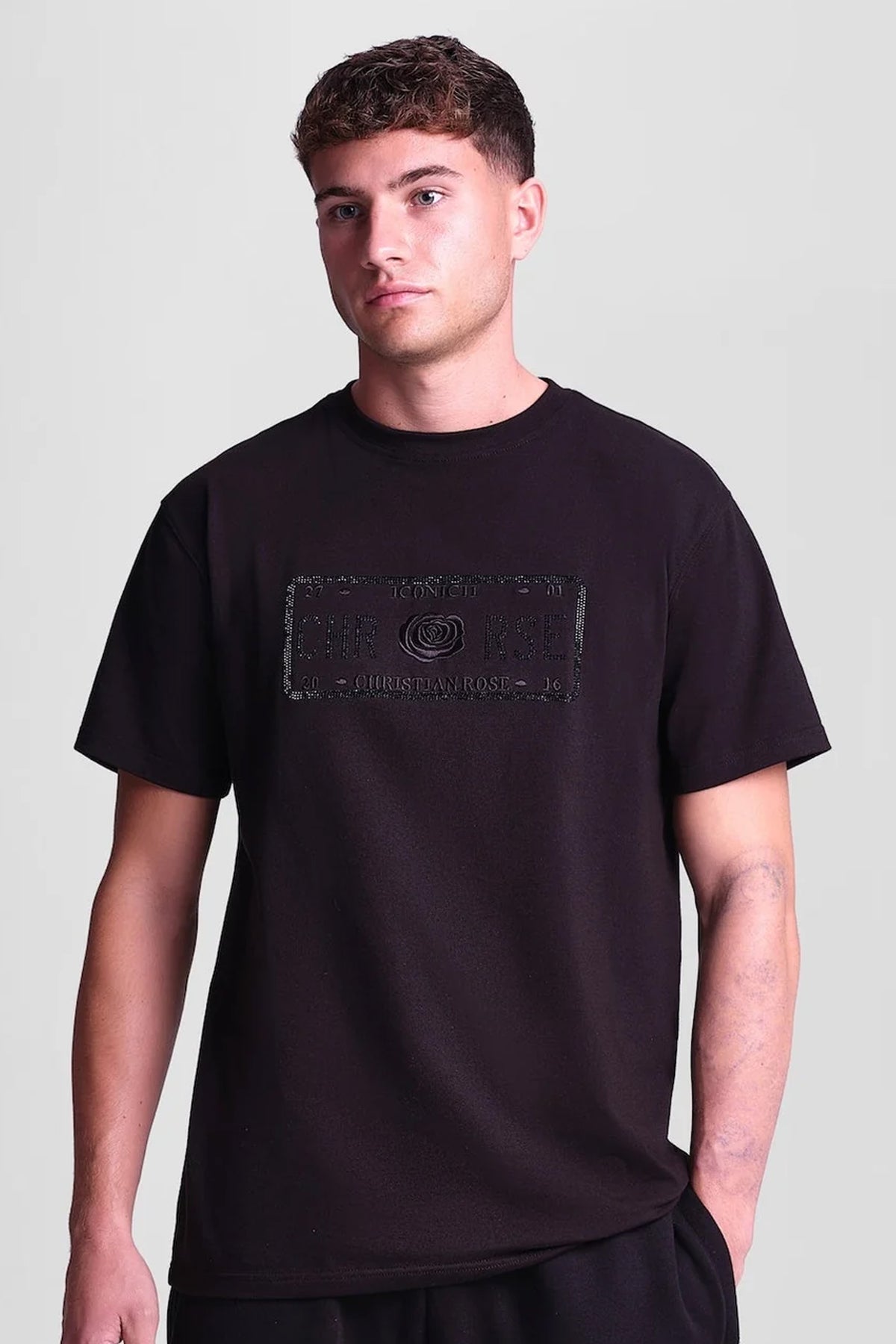 Christian Rose | 006-BL Enlarge Iconic II Crystal Rhinestone Design Logo Half Sleeve T-Shirt