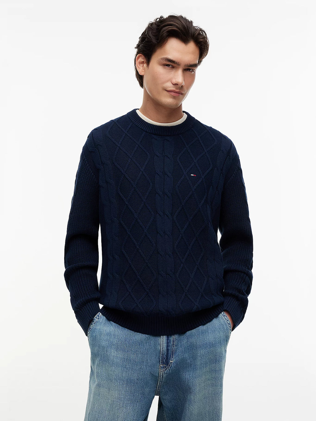 Tommy Jeans | DM23405 Criss-Cross Mixed Cable Knit Texture Small Logo Crew Sweater Jumper