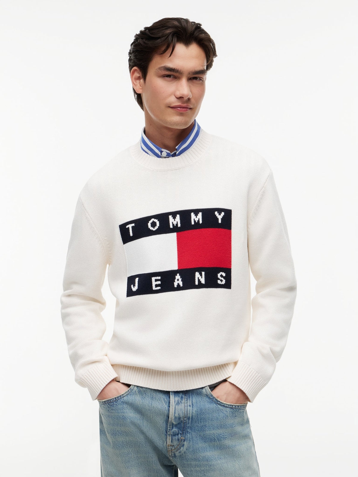 Tommy Jeans | DM23413 Reg Flag Ancient Knitted Crew Relaxed Fit Sweater Jumper - Ecru