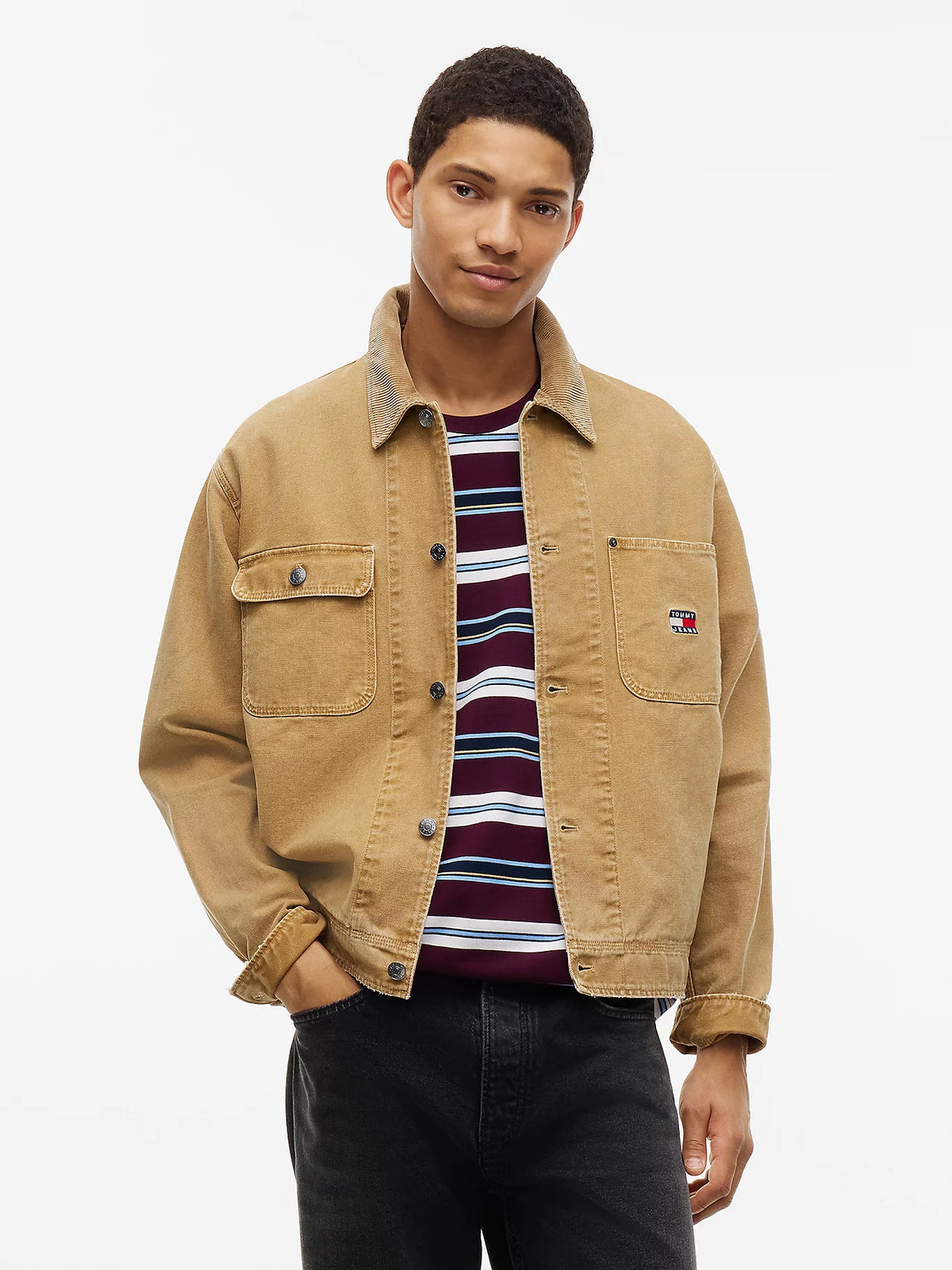 Tommy Jeans | DM23520 Collar Canvas Corduroy Cotton Button-Down Oversized Jacket - Sandy Beige