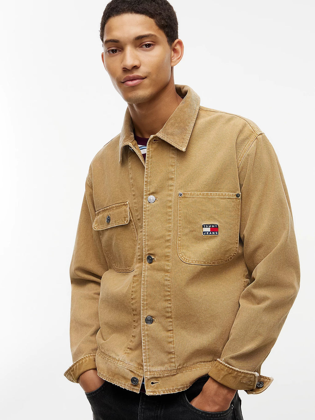 Tommy Jeans | DM23520 Collar Canvas Corduroy Cotton Button-Down Oversized Jacket - Sandy Beige