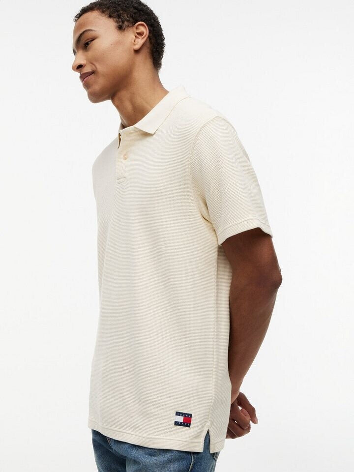 Tommy Jeans | DM23408 Washed Waffle-Knit Texture Cotton Piqué Polo T-Shirt