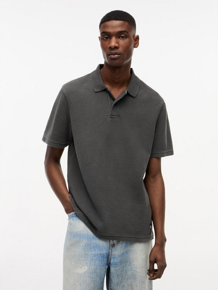 Tommy Jeans | DM23408 Washed Waffle-Knit Texture Cotton Piqué Polo T-Shirt