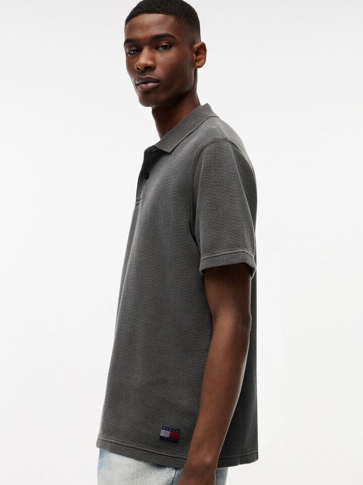 Tommy Jeans | DM23408 Washed Waffle-Knit Texture Cotton Piqué Polo T-Shirt