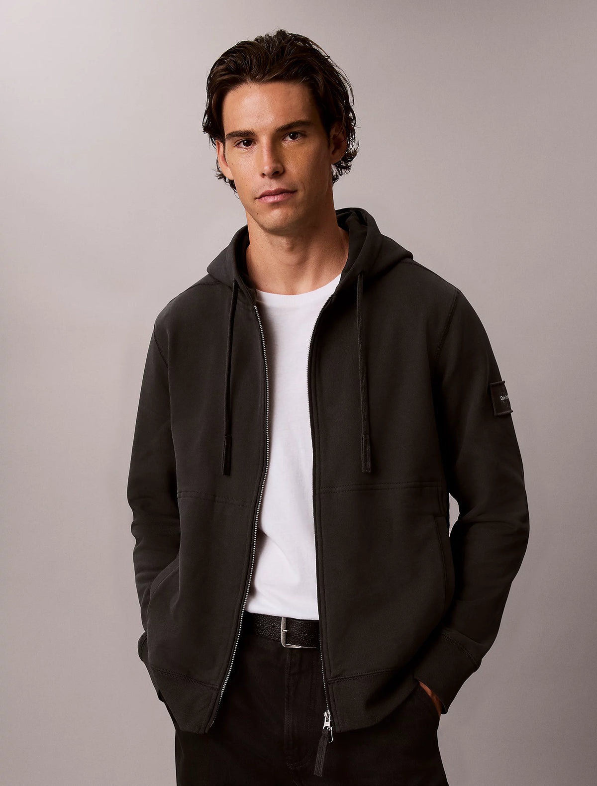 Calvin Klein Jeans | LV04RJ202G Monogram Badge Logo Zip Through Hood Top - Pirate Charcoal Black