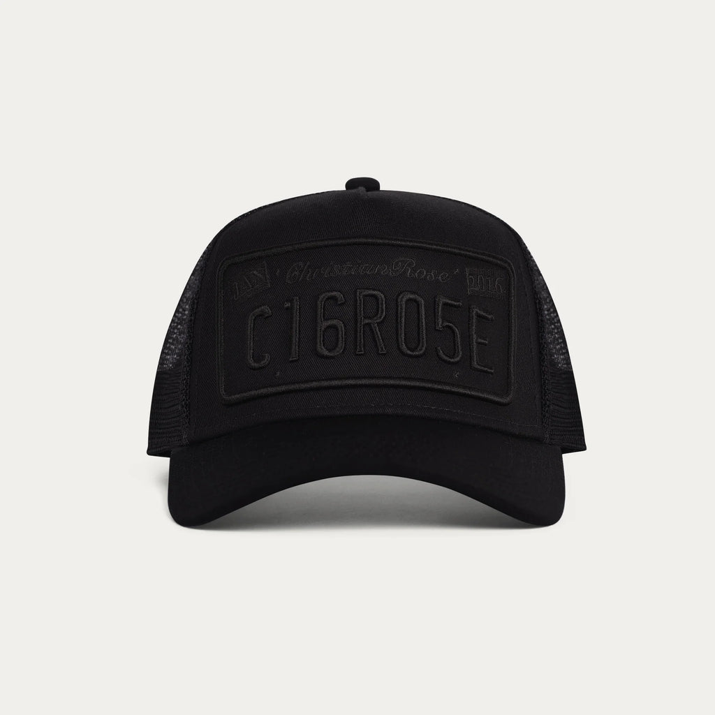 Christian Rose | CR001 Private Plate Trucker Mesh Baseball Cap - Black/Black