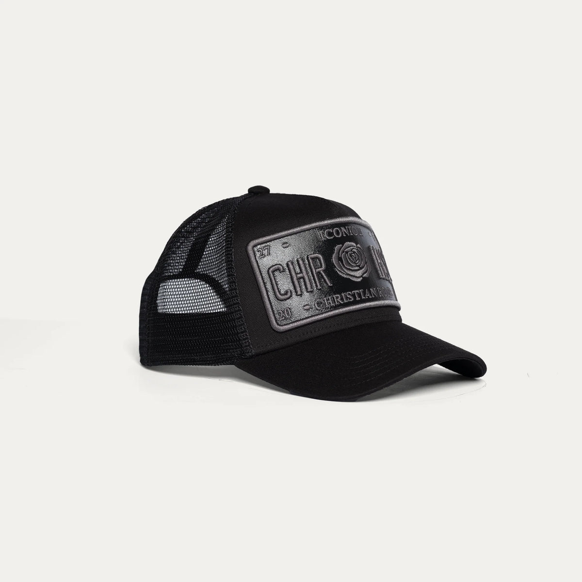 Christian Rose | CR011B Vinyl Plate Iconic Trucker Mesh Baseball Cap - Black/Black