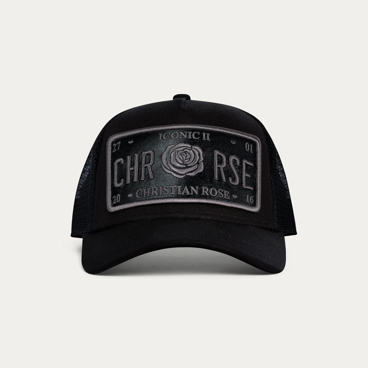Christian Rose | CR011B Vinyl Plate Iconic Trucker Mesh Baseball Cap - Black/Black