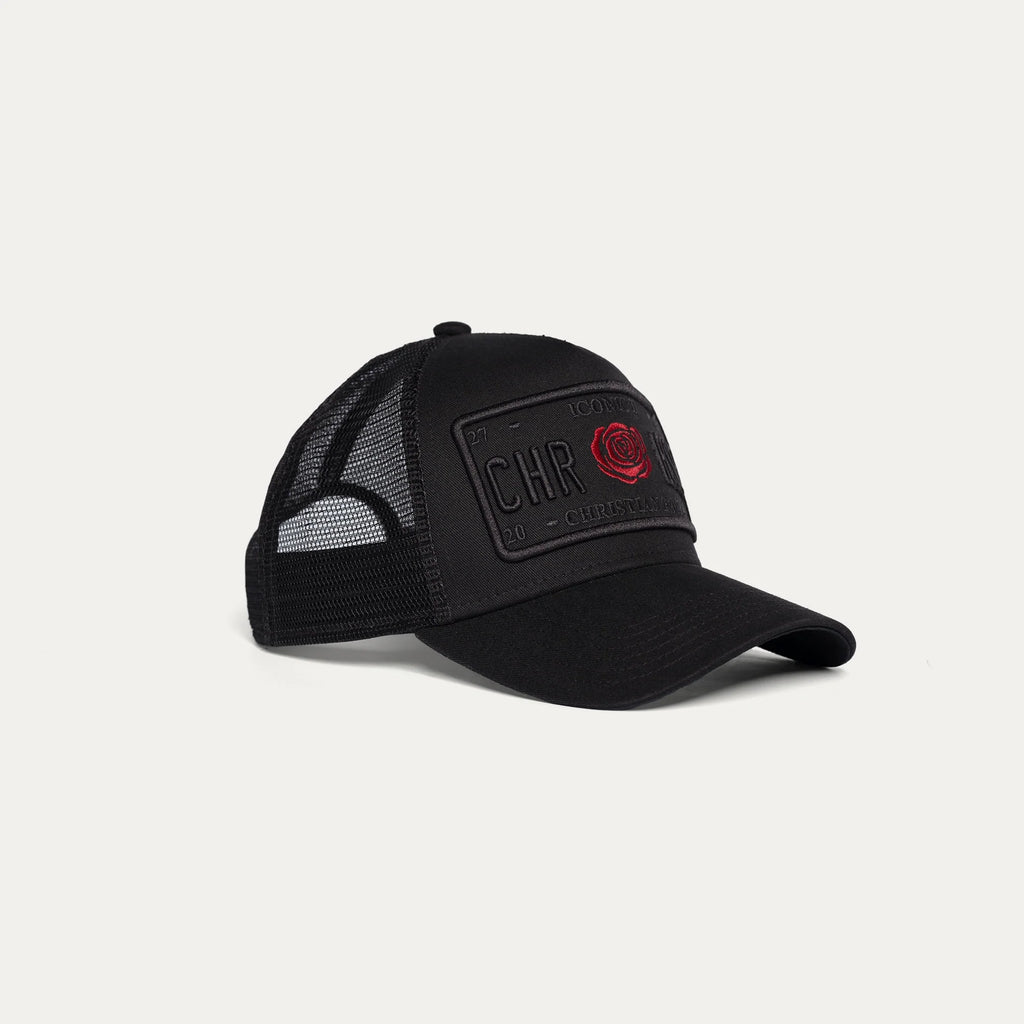 Christian Rose | CR019 Iconic II Red Rose Trucker Mesh Baseball Cap - Black/Black