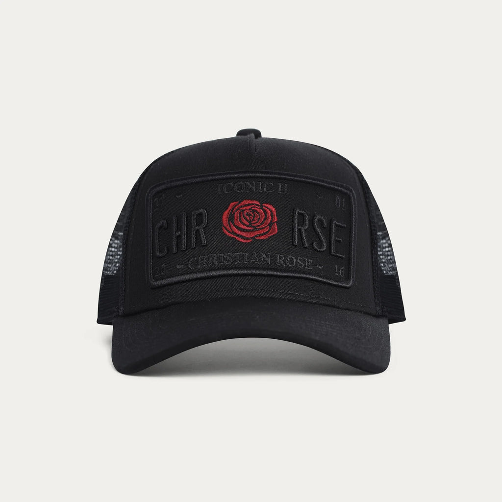 Christian Rose | CR019 Iconic II Red Rose Trucker Mesh Baseball Cap - Black/Black