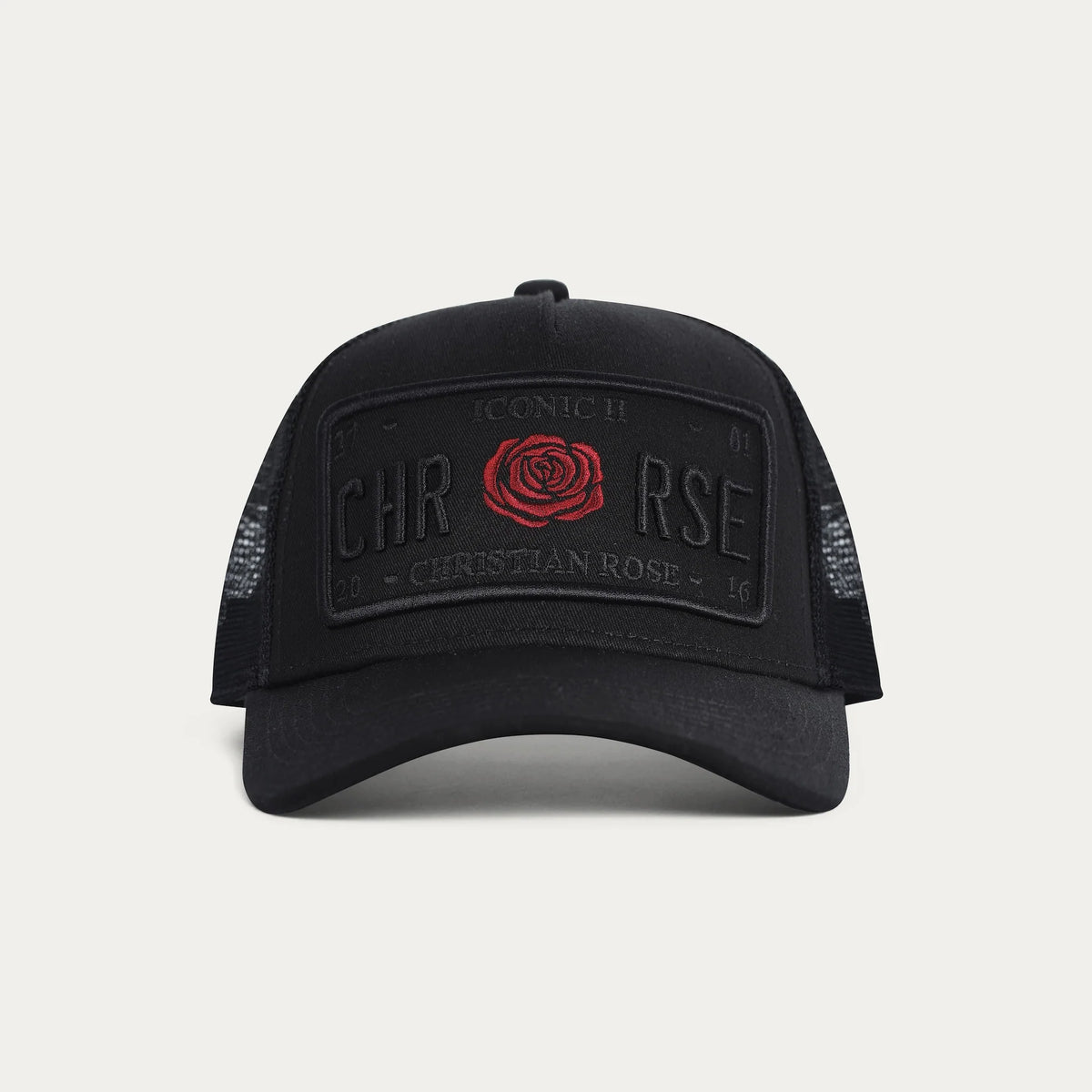 Christian Rose | CR019 Iconic II Red Rose Trucker Mesh Baseball Cap - Black/Black