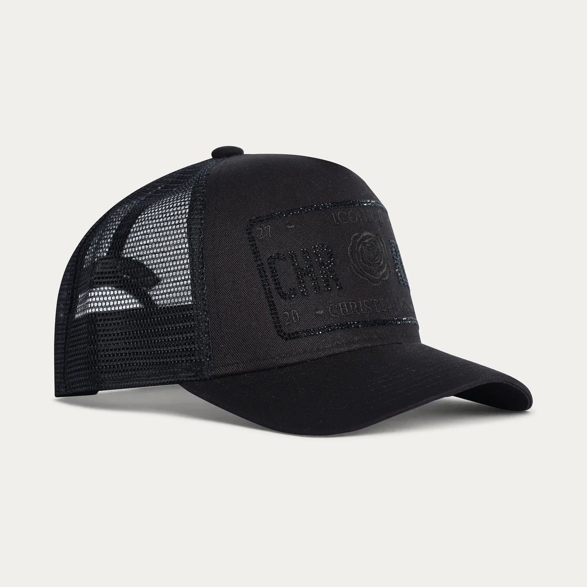 Christian Rose | CR049 Iconic II Half Rhinestone Trucker Mesh Baseball Cap - Black/Black