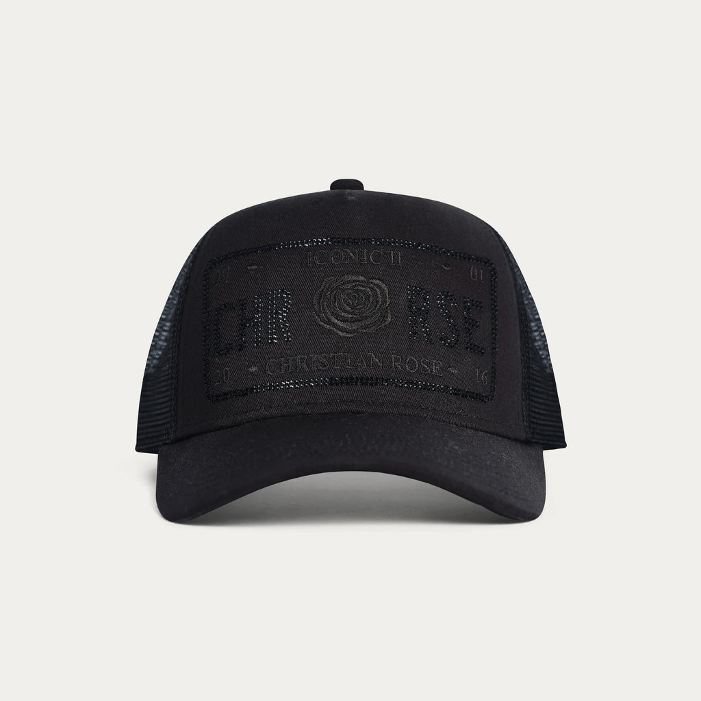 Christian Rose | CR049 Iconic II Half Rhinestone Trucker Mesh Baseball Cap - Black/Black