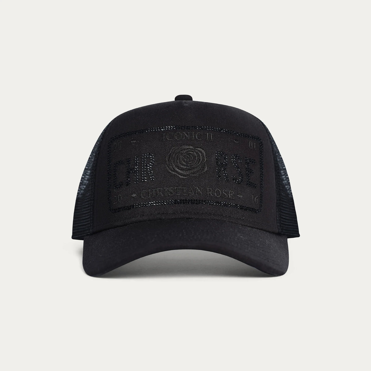 Christian Rose | CR049 Iconic II Half Rhinestone Trucker Mesh Baseball Cap - Black/Black