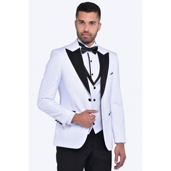 CB Tailor Made CB Mumbai Tailored Slim Fit Plain Contrast 3 Piece Suit - White/Black