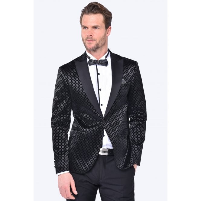 CB Tailor Made CB Taran Tailored Slim Fit Velvet Line Pattern Dinner Blazer - Black