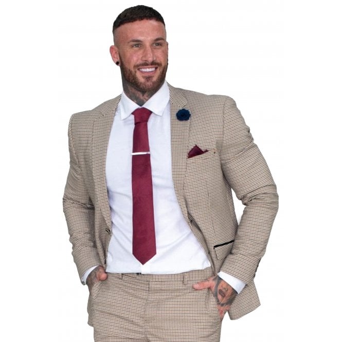 Cavani  | Elwood Houndstooth Slim Fit Small Check Blazer - Stone