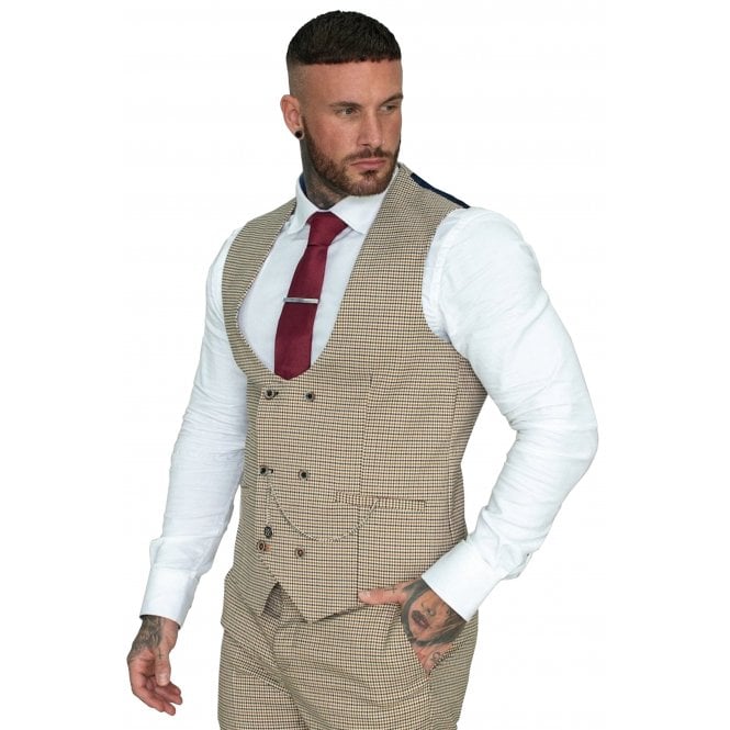 Cavani  | Elwood Houndstooth Slim Fit Small Check Waistcoat - Stone