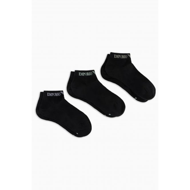 Emporio Armani Lounge Wear Emporio Armani 300048 4R254 Calza Cortissima Cuff Logo 3 Pack Ankle Socks - Black
