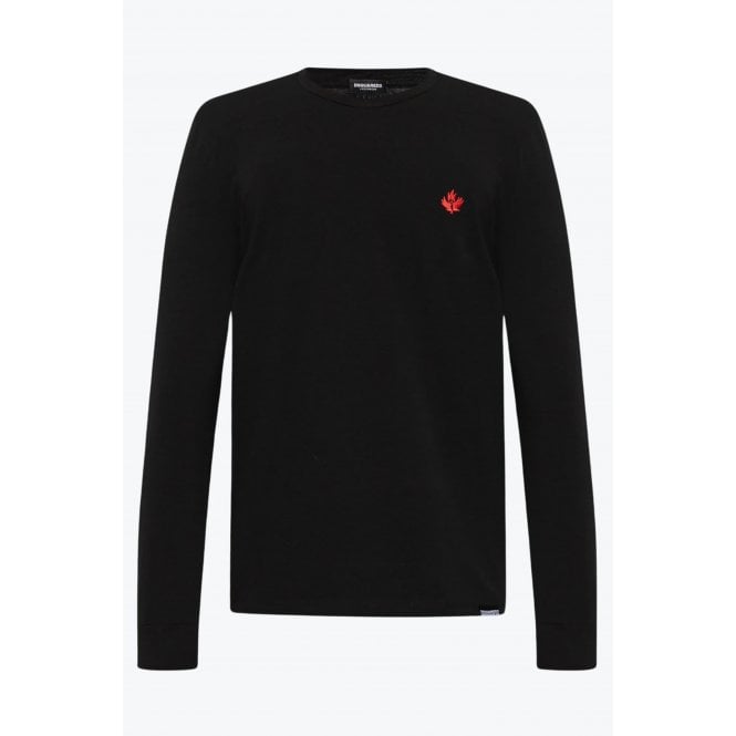 DSQUARED2  | D9M105470 Crew Neck Long Sleeve Red Logo Slim Fit Top - Black