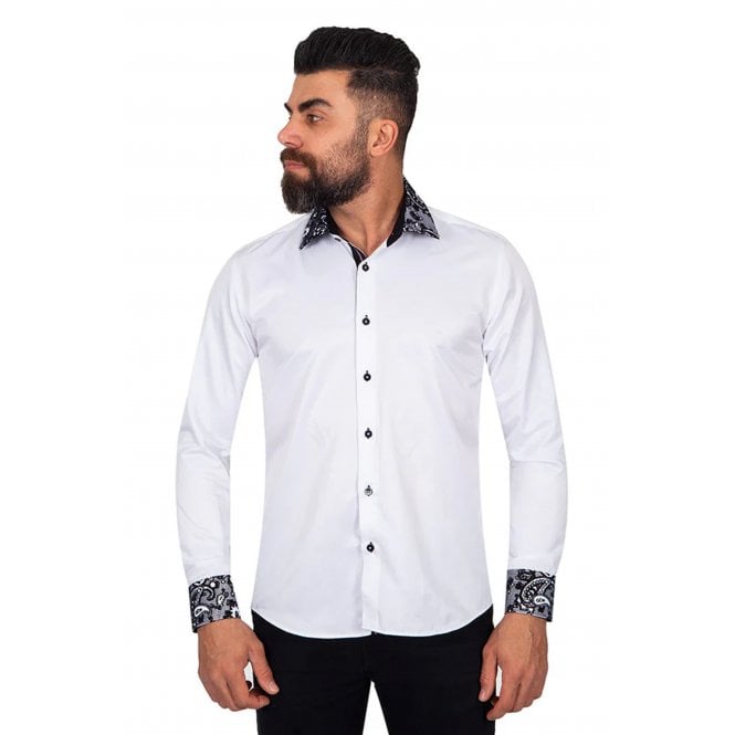Makrom  | SL-5410 Paisley Embroidery Design Collar & Cuff Slim Fit Shirt - White