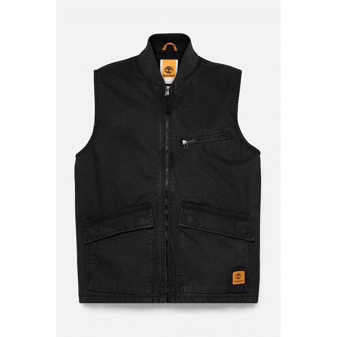Timberland  TB0A6GF7 Washed Canvas Baseball Collar Lightweight Cotton Vest Gilet - Black