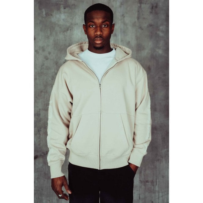 Courtside  | Joyner Oversized Relaxed Fit Fill Zip Stitched Print To Arm Hood Top - Ecru