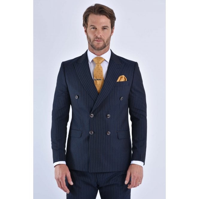 CB Tailor Made CB Greenwich Tailored Slim Fit Pinstripe Double Breasted Blazer - Navy