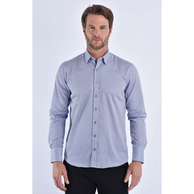 CB Tailor Made CB 064 Twirl Print Design Slim Fit Cotton Single Cuff Smart Shirt - Blue/White