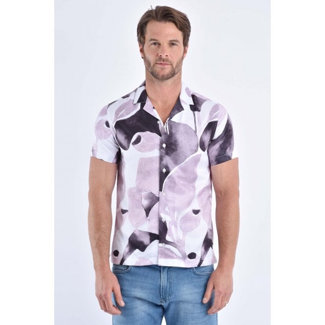 CB Tailor Made CB 080 Leaf Colour Print Design Slim Fit Open Collar Short Sleeve Shirt - Multi