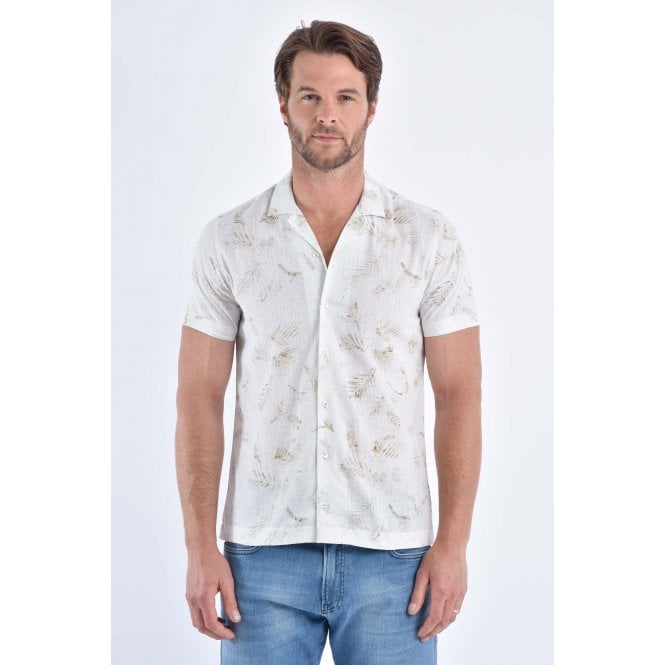 CB Tailor Made CB 070 Yew Leaf Print Design Cotton Slim Fit Open Collar Short Sleeve Shirt - White