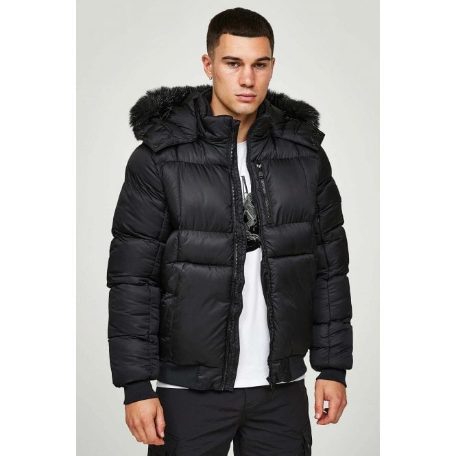 Alessandro Zavetti  | AZ Savinio 5964 Short Puffer Bomber Faux Fur Hood Jacket - Black