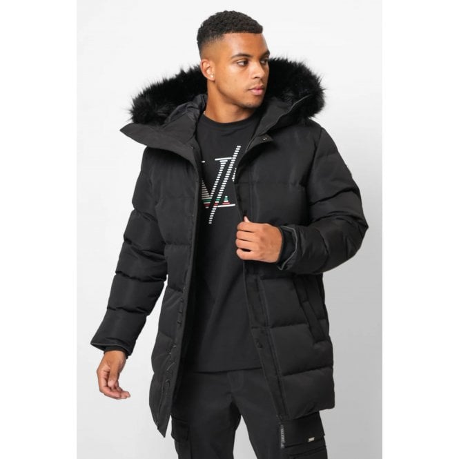 Valere Milano  | Medici VM-256 Padded Long Bomber Parka Faux Fur Hood Jacket - Black