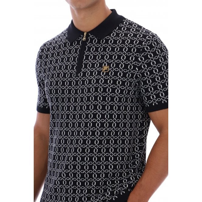 Fila  Vintage Jackson MG004 Jacquard Pattern Knit Quarter Zip Polo T-Shirt - Black