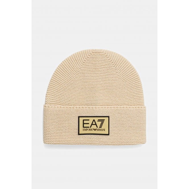 EA7 Emporio Armani EA7 | Emporio Armani AF18021 0247 Knit Gold Patch Logo Wool Blend Beanie Hat