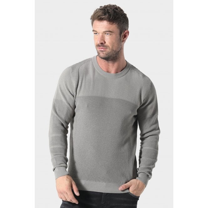 Police  Caney 1204 Ribbed Crew Mixed-Texture Knit Panel Detail Cotton Jumper