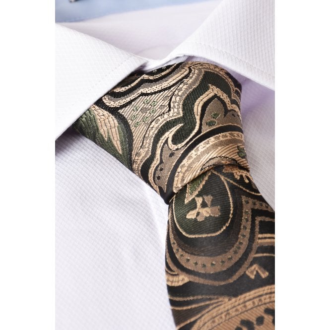 CB Tailor Made CB 102 Paisley Pattern Tie Plus Free Handkerchief Set - Seaweed Green/Gold