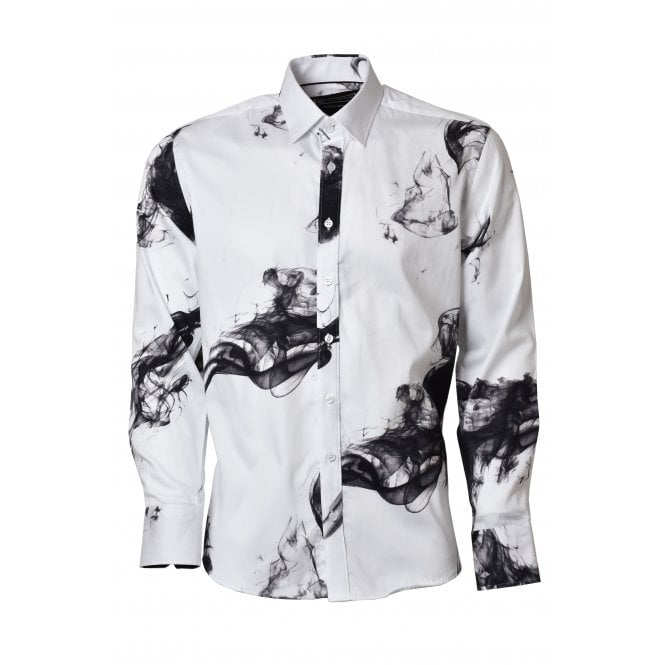 CB Tailor Made CB 088 Smoke Effect Print Design Slim Fit Cotton Single Cuff Smart Shirt - White/Black