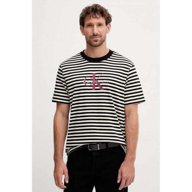 Calvin Klein  Jeans | LV04RD204G Stripe Monogram Logo Crew Cotton Half-Sleeve T-Shirt - Black