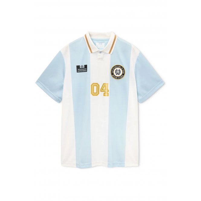 Weekend Offender  FS1B10 Moulay Football Retro Stripe Tipped Collar Polo T-Shirt - Sky/White
