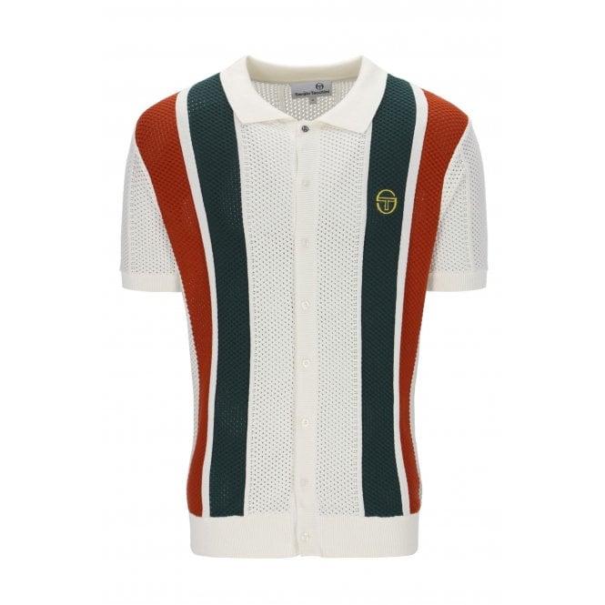 Sergio Tacchini  | Montell Knit Cotton Contrast Colour Stripe Button-Down Polo T-Shirt - Ecru