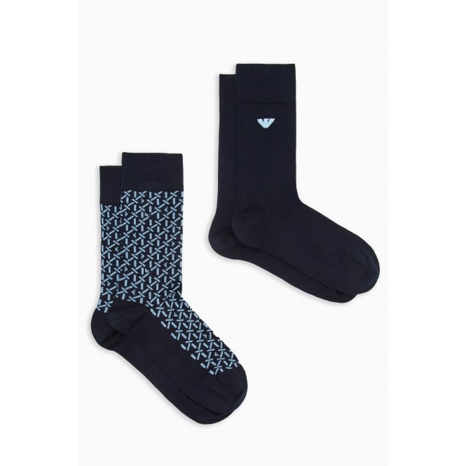 Emporio Armani Lounge Wear Emporio Armani AF20087 0543 Jacquard Design Calza Essential 2 Pack Socks - Navy