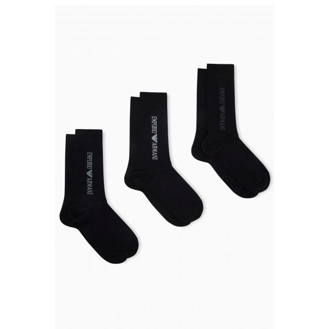 Emporio Armani Lounge Wear Emporio Armani AF20083 0554 Jacquard Logo Print Calza Essential 3 Pack Socks - Black