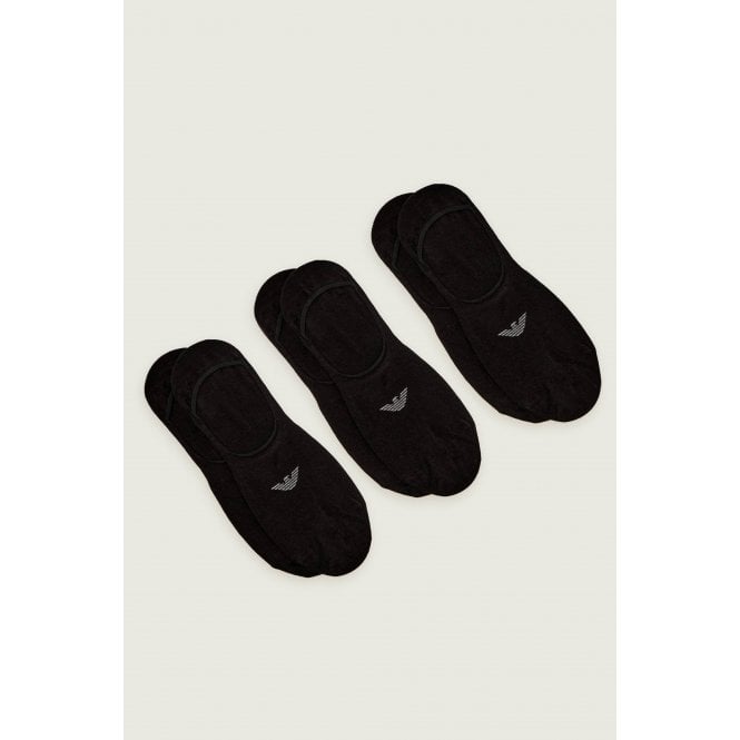 Emporio Armani Lounge Wear Emporio Armani AF14446 0548 Calza Invisible 3 Pack Logo Ankle Tripack Footie Socks - Black