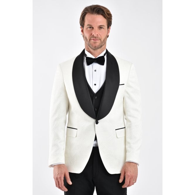CB Tailor Made CB Chennia Tailored Slim Fit Wavey Pattern Satin Collar Dinner Blazer - White