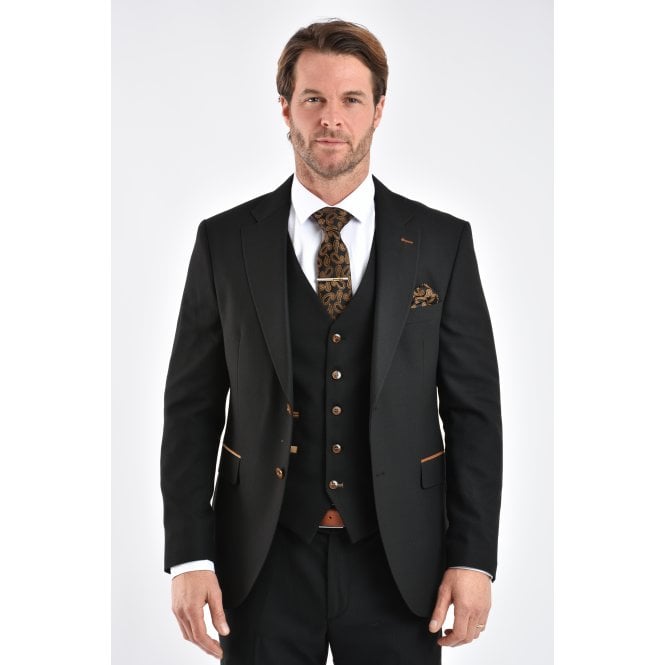 CB Tailor Made CB Belfast Tailored Slim Fit Plain Smooth Textured Suede Trims Blazer - Black