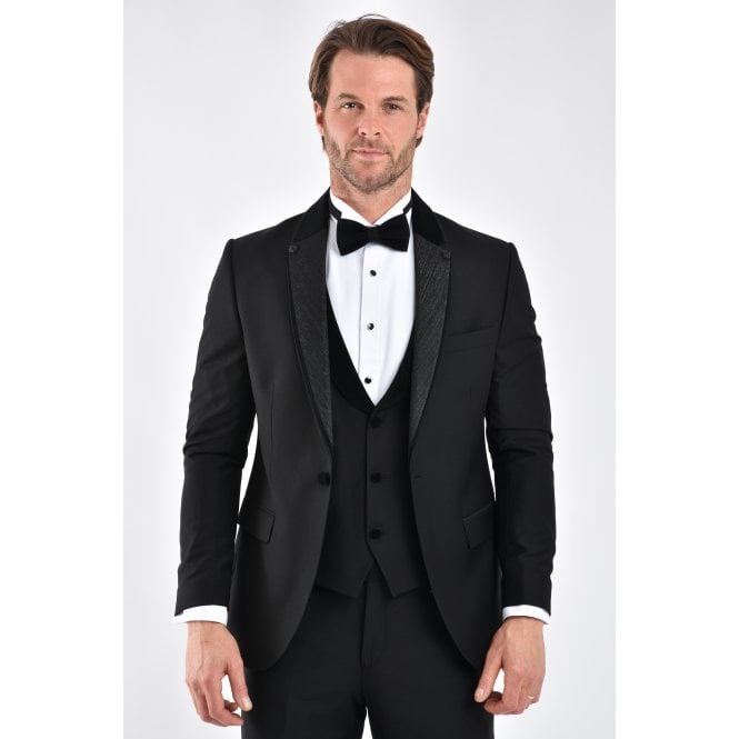 CB Tailor Made CB Navada Tailored Slim Fit Contrast Plain Satin Tuxedo 3 Piece Suit - Black