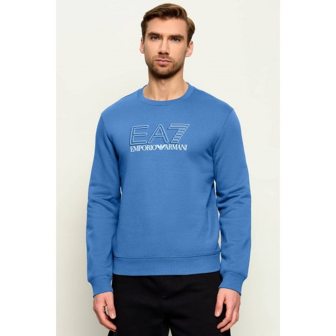 EA7 Emporio Armani EA7 | Emporio Armani AF10377 1322 Double Line Logo Print Train Invisibility Crew Sweat Top - Blue Horizon