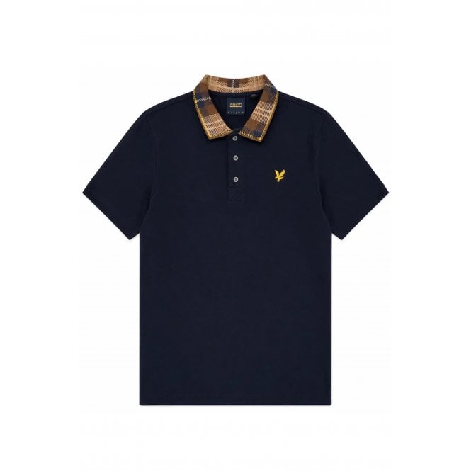 Lyle & Scott  SP2531V Tartan Contrast Check Collar Pique Polo T-Shirt - Dark Navy